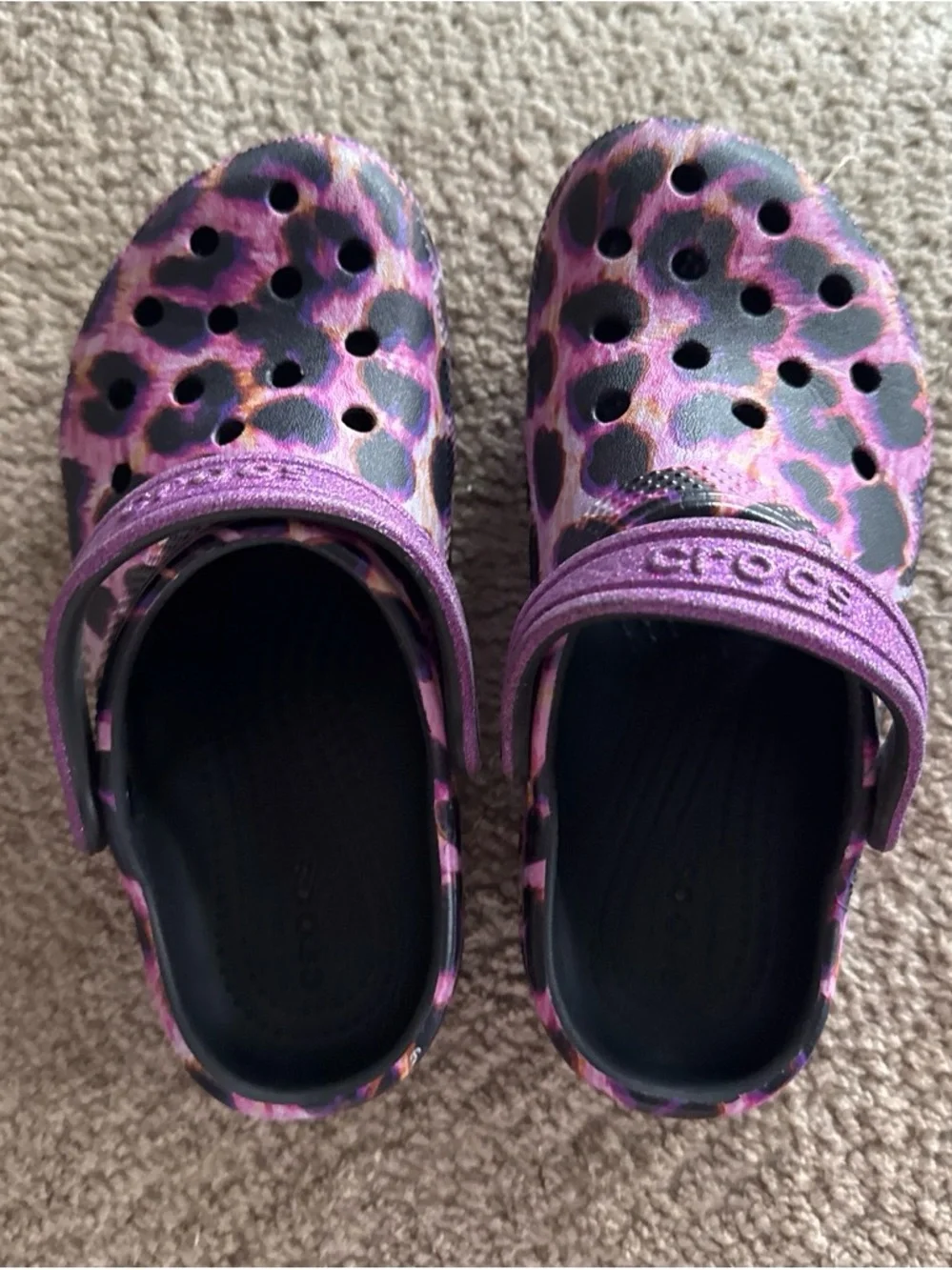 CROCS Kids' Purple Leopard Print Clogs with Black Accents